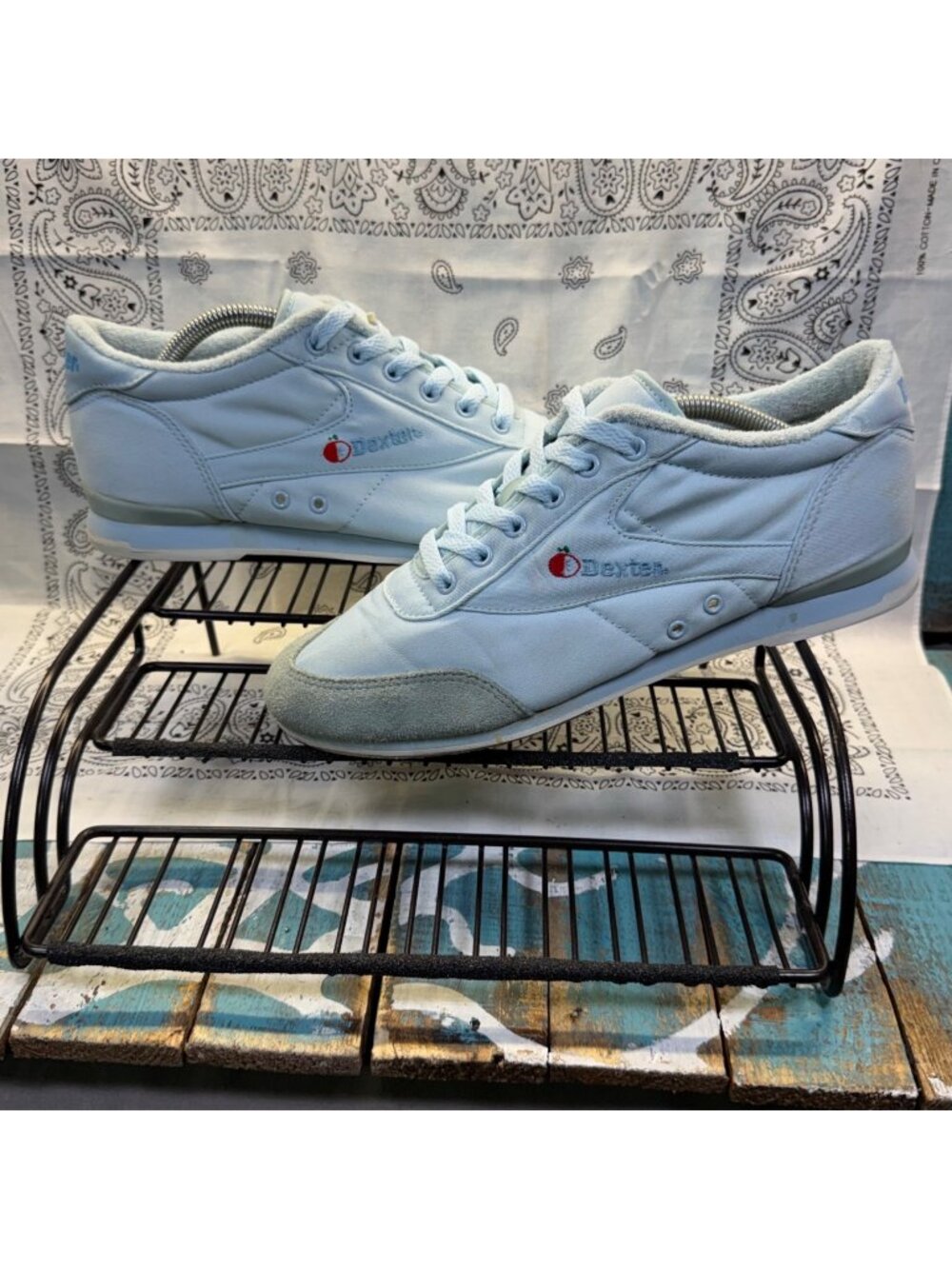 Dexter Vintage Bowling Shoes Womens 10M Cream Blue Suede Lace Up